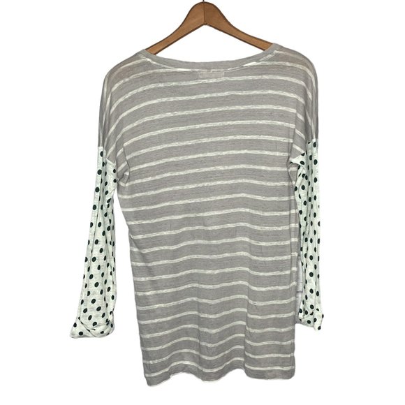 Madewell Small S Gray Striped Green Polka Dot Contrast 100% Linen Tee Shirt Top - Picture 2 of 4